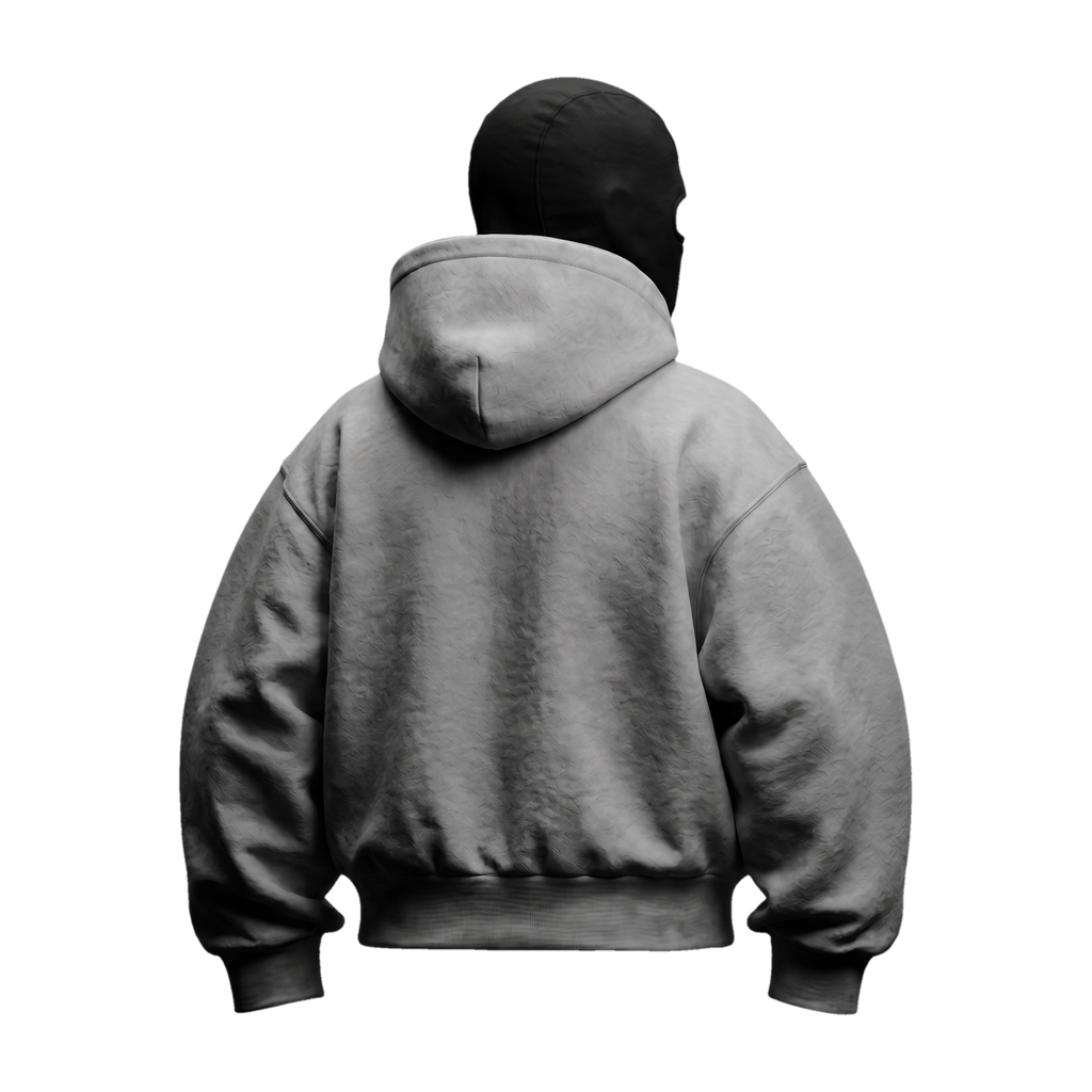 Vantera Fleece Shadow Hoodie — Stone (light grey), black balaclava, back 3/4
