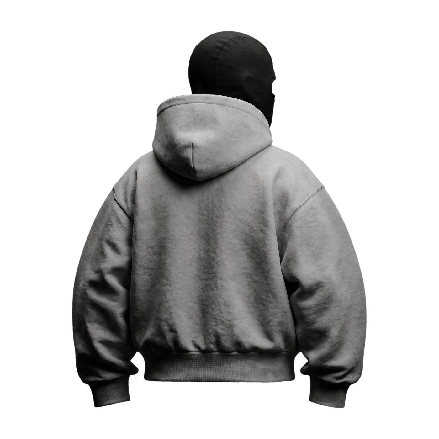 Vantera Fleece Shadow Hoodie — Stone (light grey), black balaclava, back 3/4