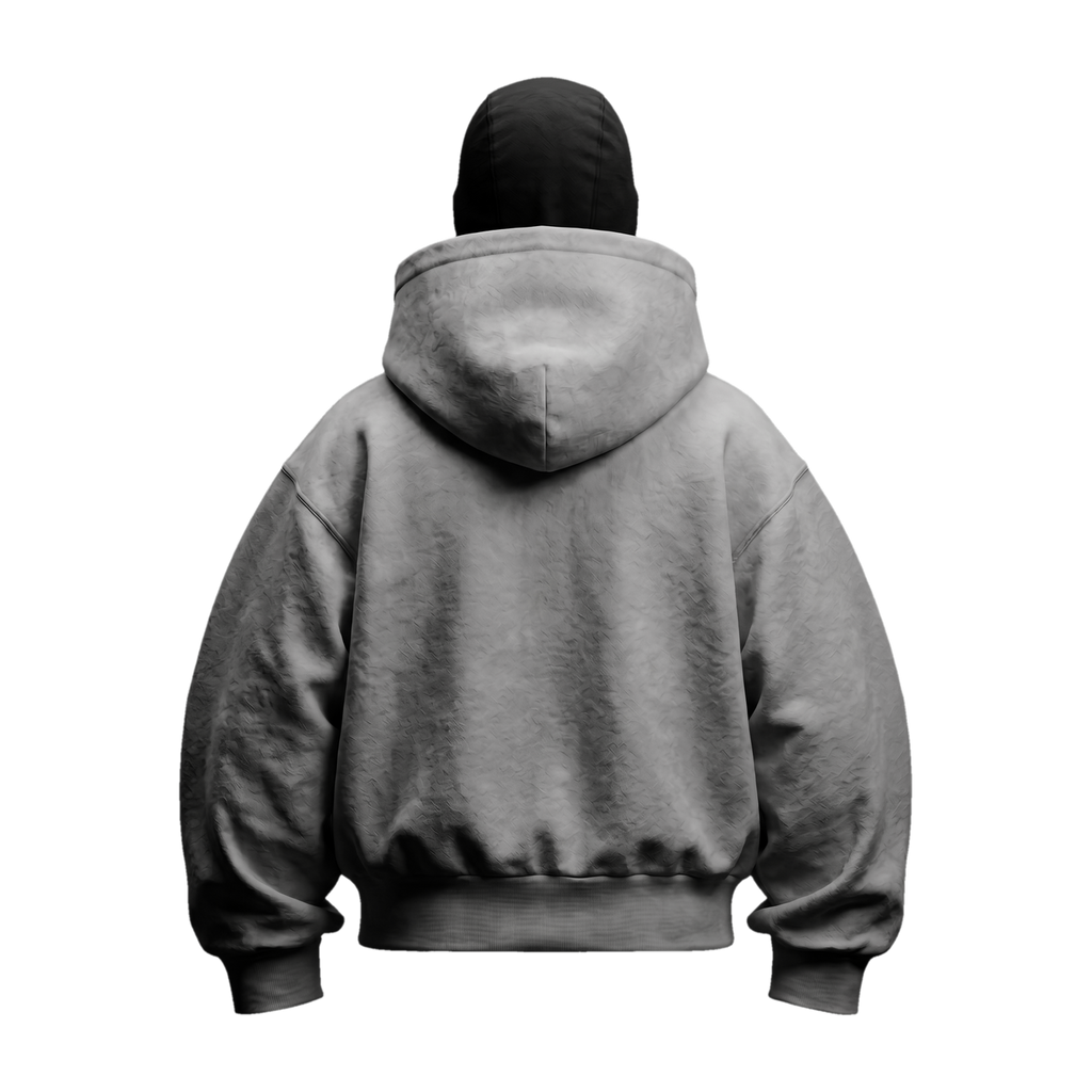 Vantera Fleece Shadow Hoodie — Stone (light grey), black balaclava, back