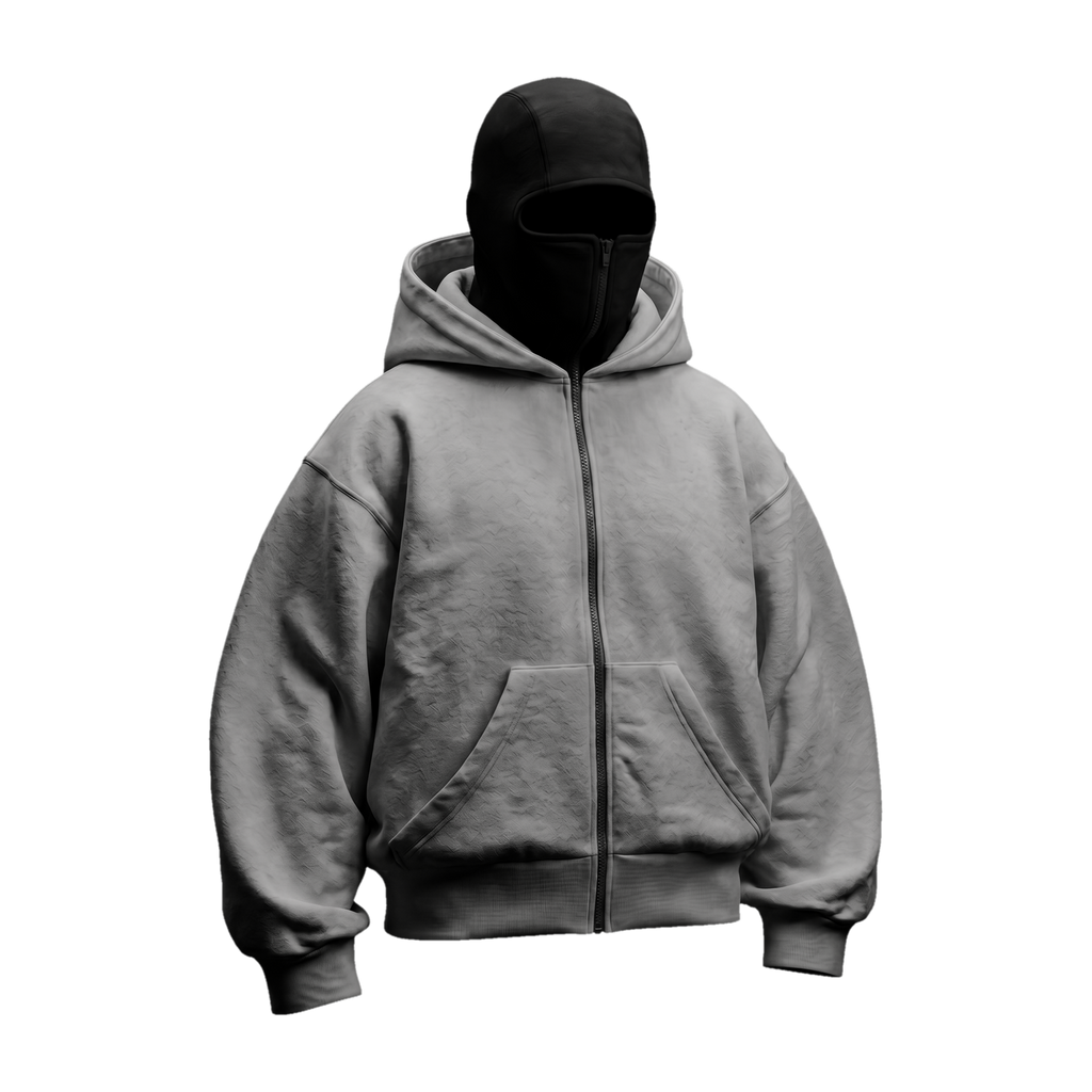 Vantera Fleece Shadow Hoodie — Stone (light grey), black balaclava, front 3/4