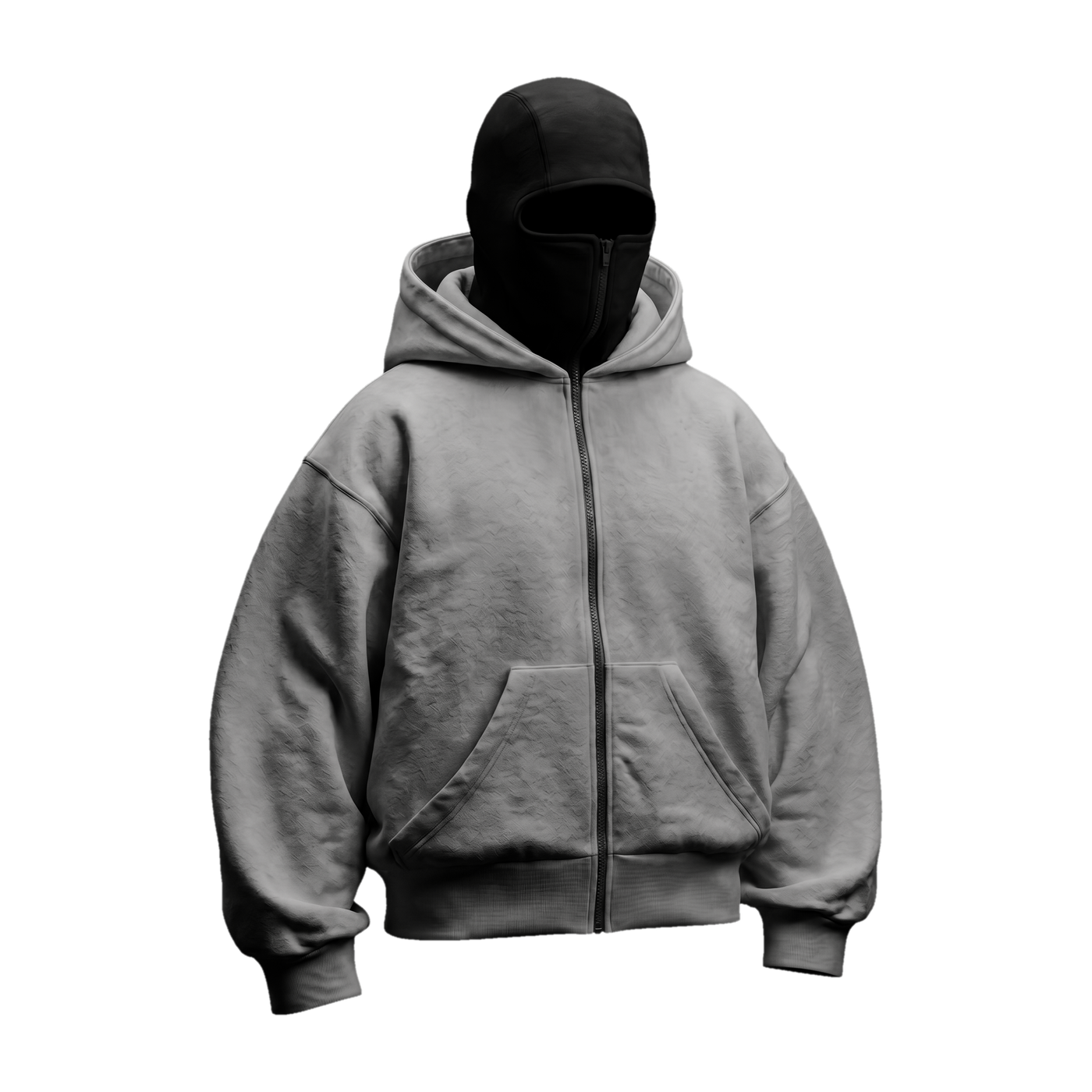 Vantera Fleece Shadow Hoodie — Stone (light grey), black balaclava, front 3/4