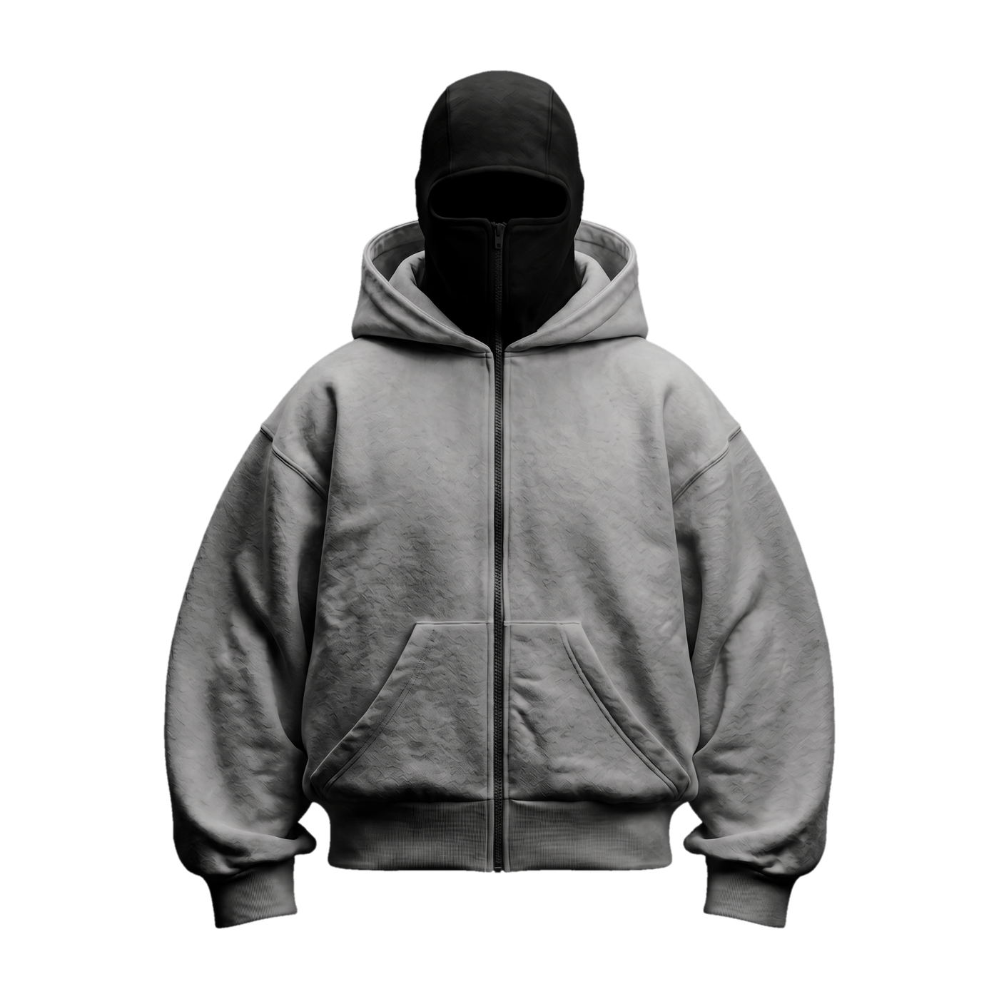 Vantera Fleece Shadow Hoodie — Stone (light grey), black balaclava, front