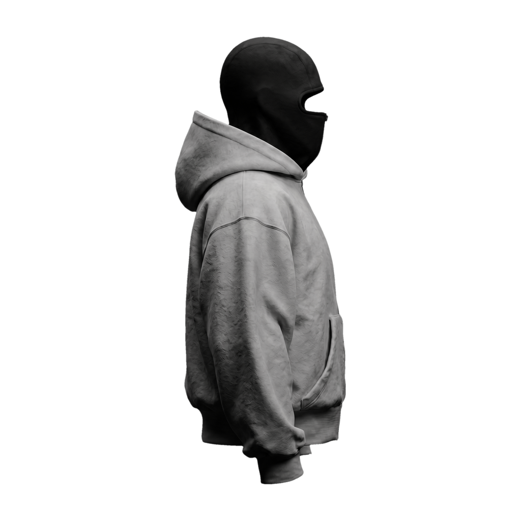 Vantera Fleece Shadow Hoodie — Stone (light grey), black balaclava, side